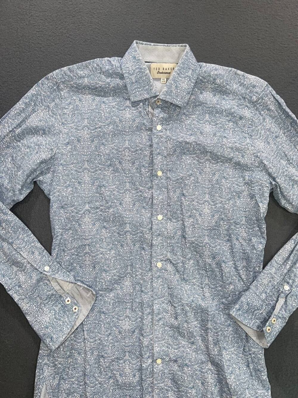 Ted Baker Shirt Mens Large Blue White Long Sleeve Button Up Cotton 14.5 A008815